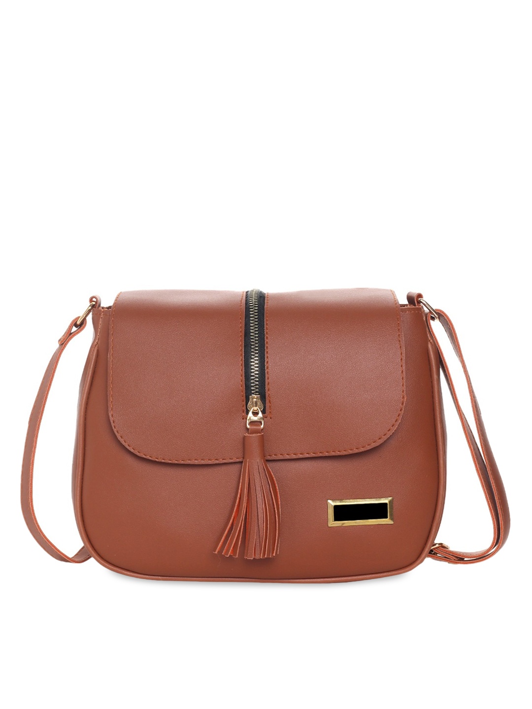 

Leather Retail Brown PU Structured Sling Bag with Tasselled