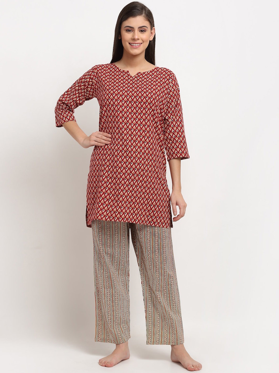 

NEUDIS Women Maroon & Grey Printed Pure Cotton Night suit