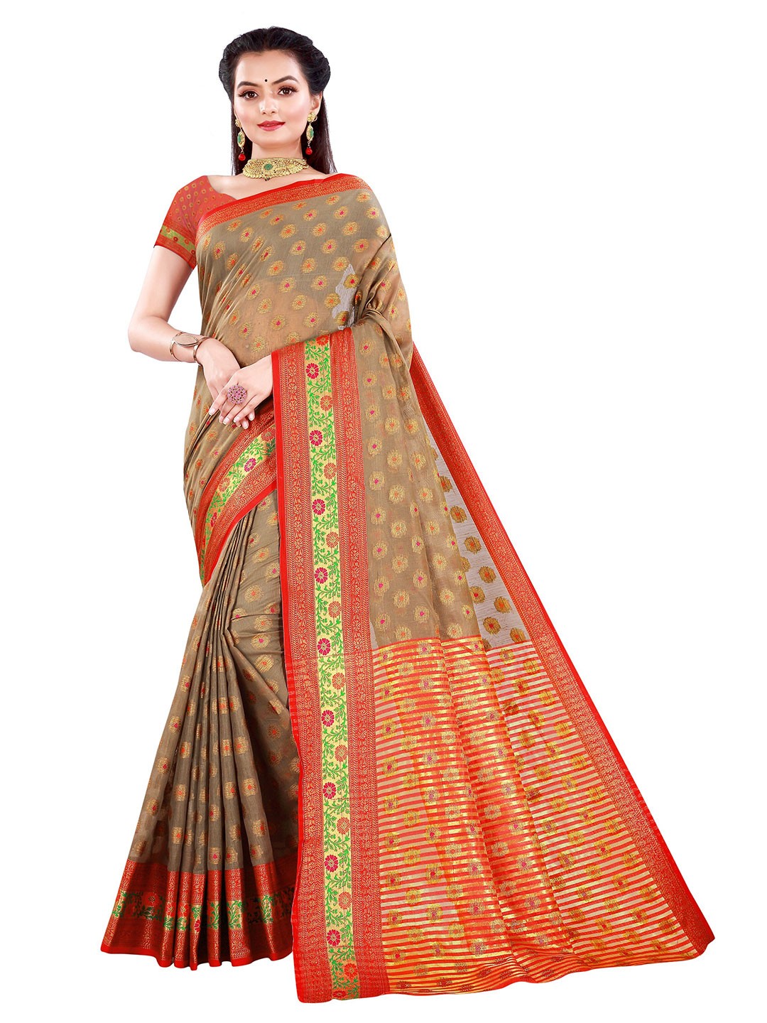 

Nimayaa Taupe & Red Ethnic Motifs Woven Design Zari Saree