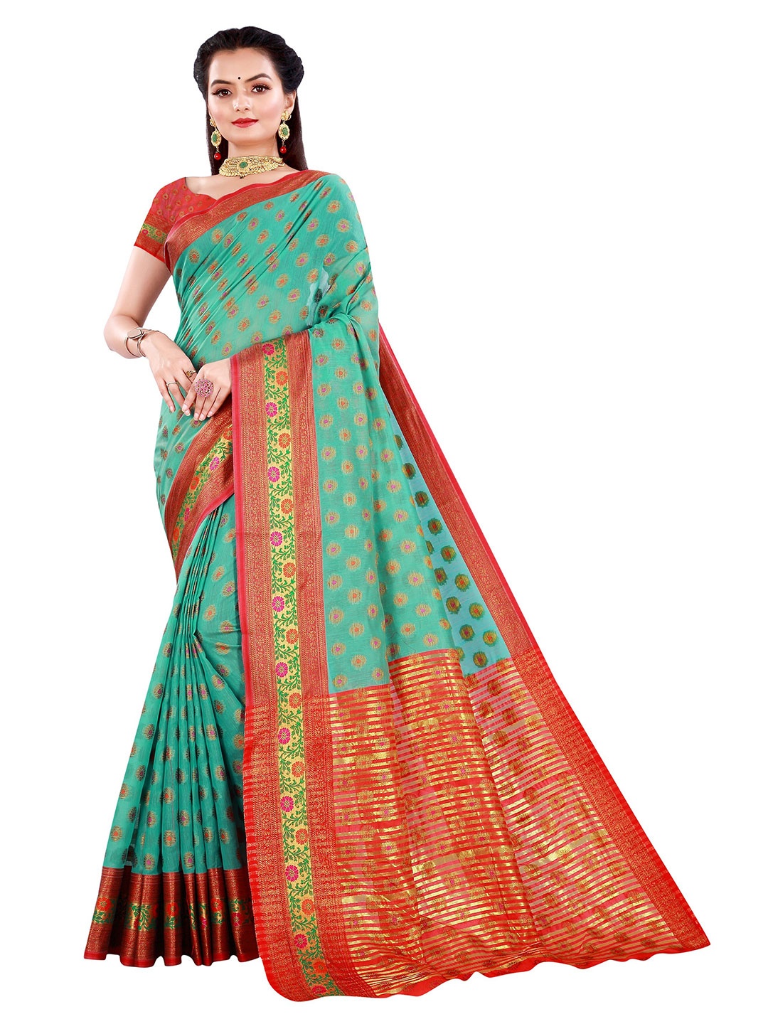 

Nimayaa Sea Green & Red Floral Zari Saree