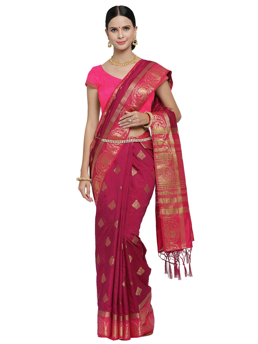 

Nimayaa Burgundy & Gold-Toned Ethnic Motifs Banarasi Saree