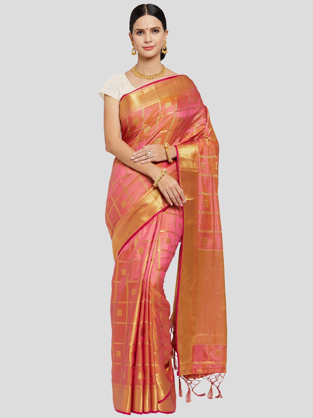 

Nimayaa Pink & Gold-Toned Woven Design Zari Pure Silk Banarasi Saree