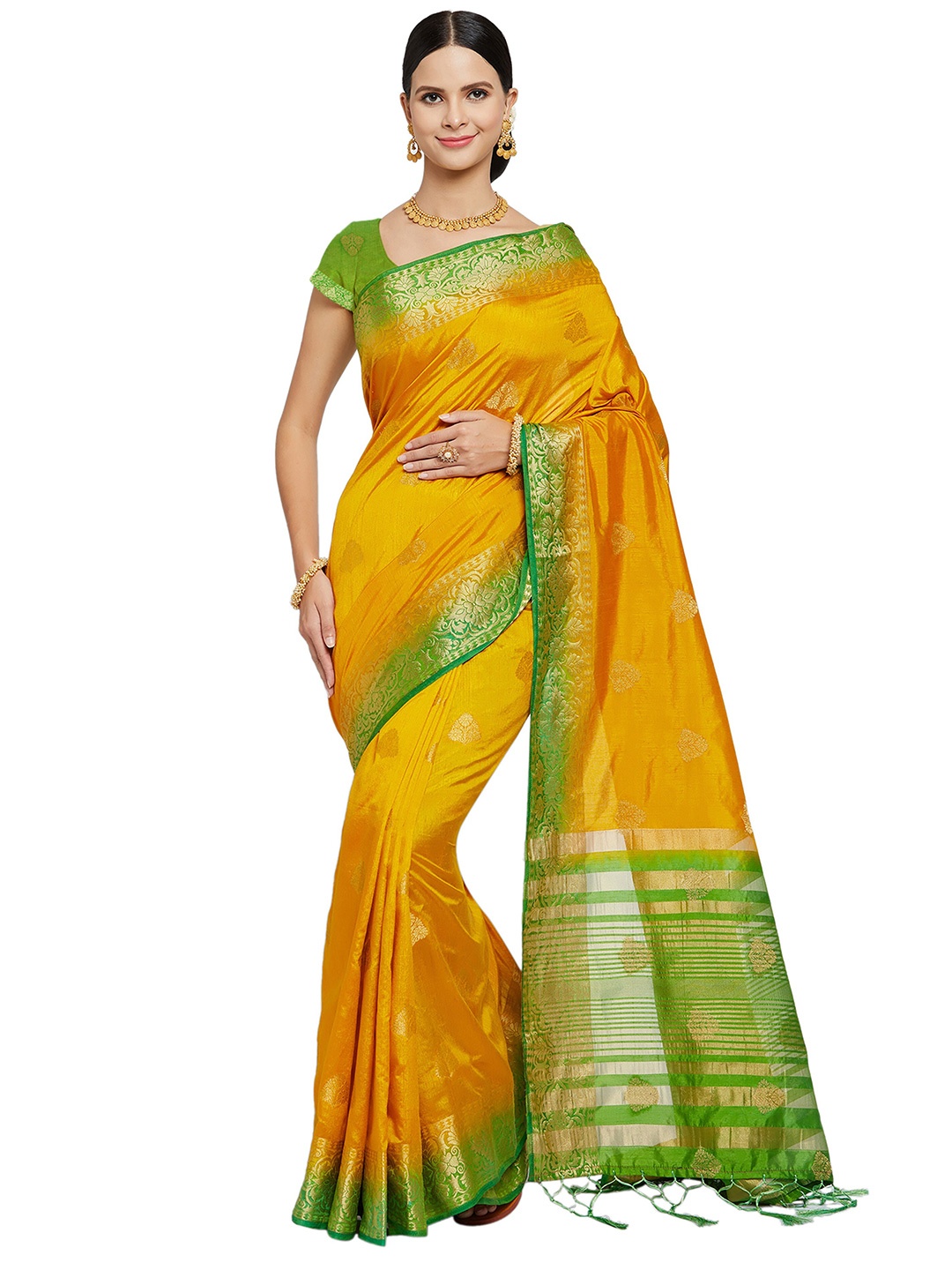 

Nimayaa Yellow & Green Ethnic Motifs Pure Silk Banarasi Saree