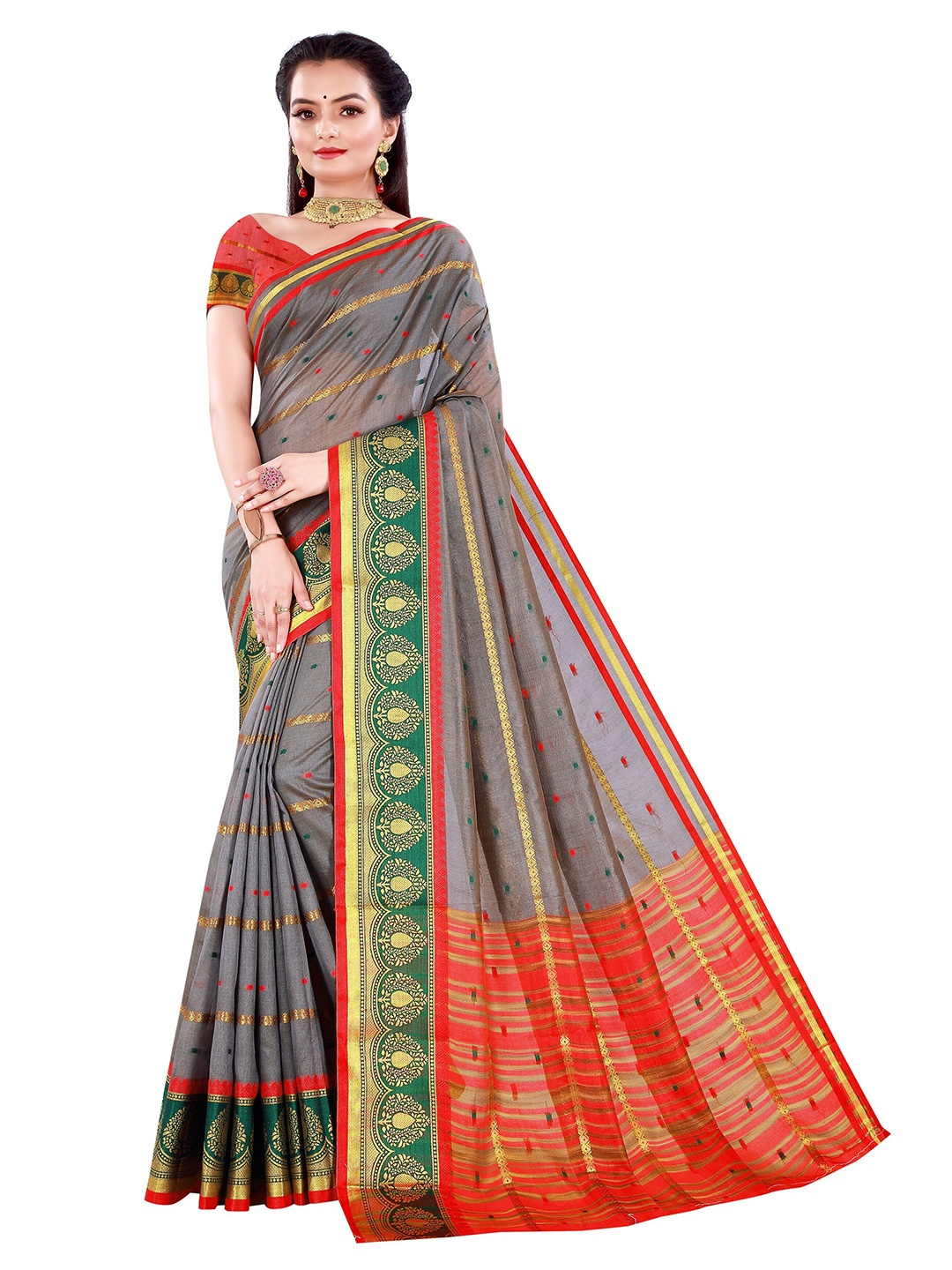 

Nimayaa Grey & Green Ethnic Motifs Zari Silk Blend Saree