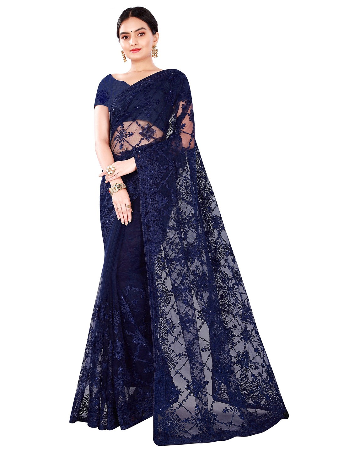 

Nimayaa Navy Blue Floral Beads and Stones Embroidered Net Saree