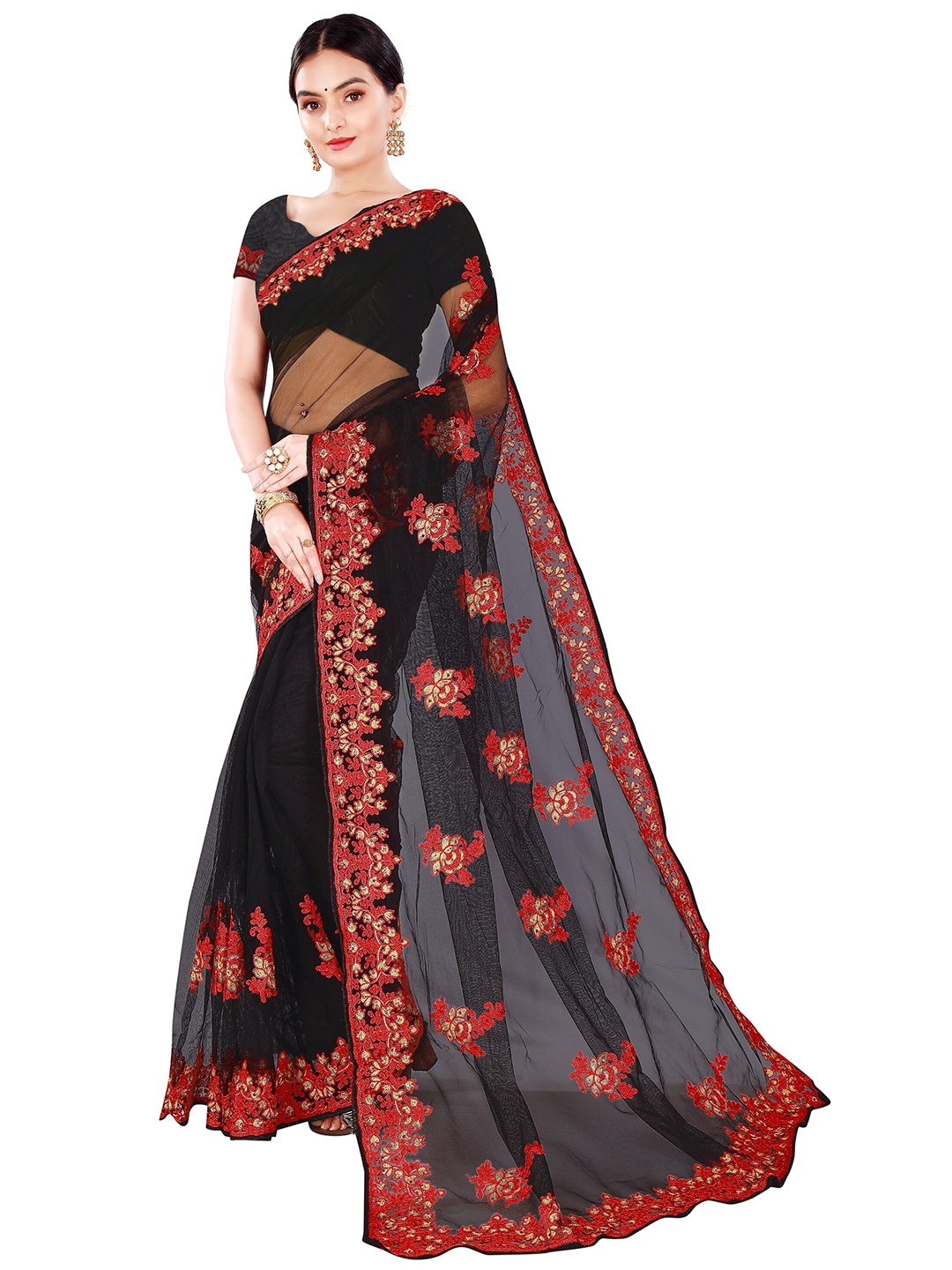 

Nimayaa Black & Red Floral Beads and Stones Net Saree