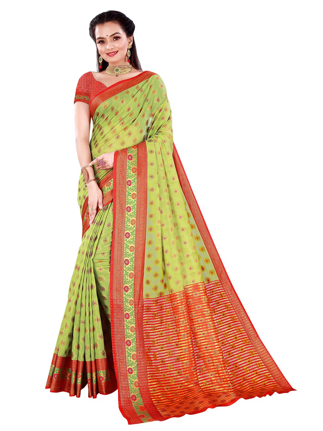 

Nimayaa Green & Red Floral Woven Design Saree