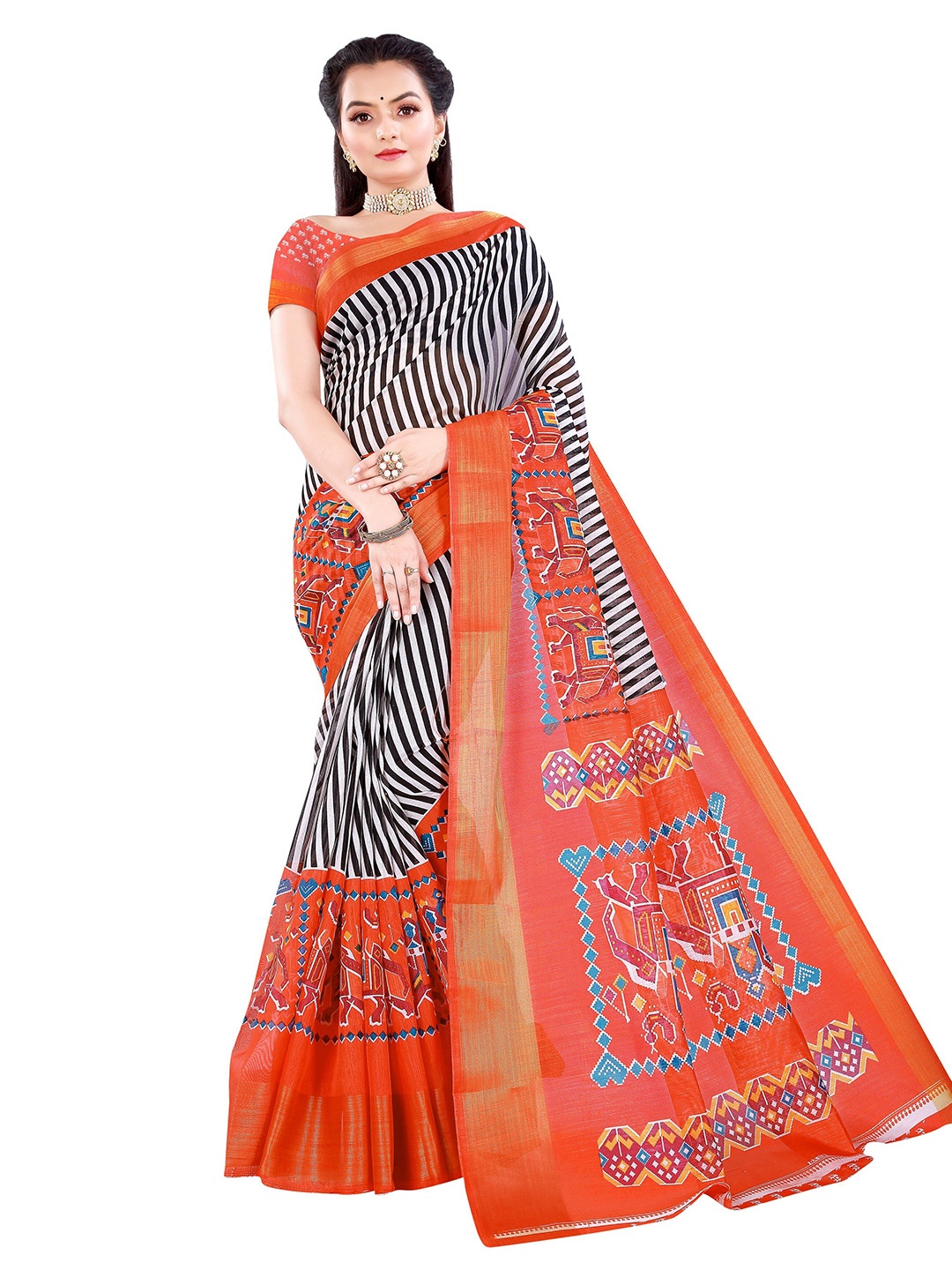 

Nimayaa Grey & Orange Striped Zari Art Silk Patola Saree