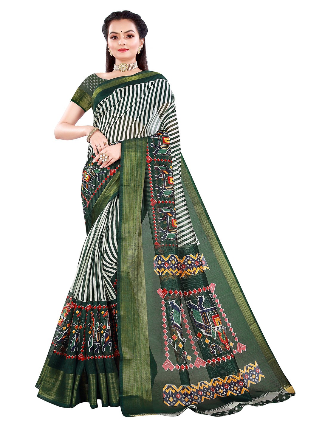 

Nimayaa Green & Grey Ethnic Motifs Zari Art Silk Saree