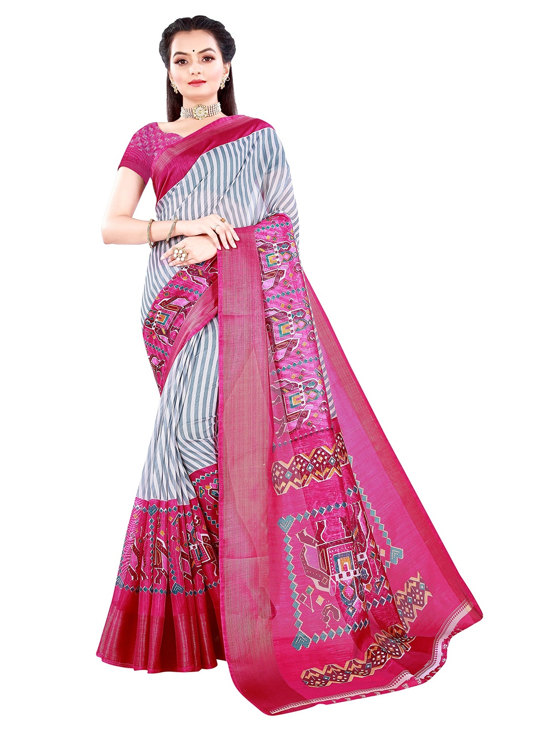 

Nimayaa Grey & Pink Striped Zari Art Silk Patola Saree