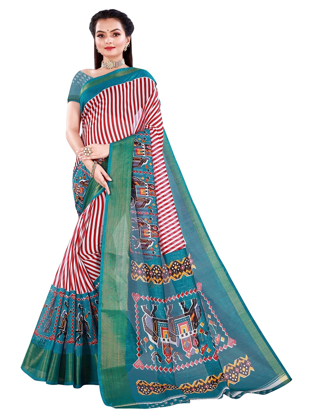 

Nimayaa Pink & Blue Printed Patola Zari Art Silk Saree