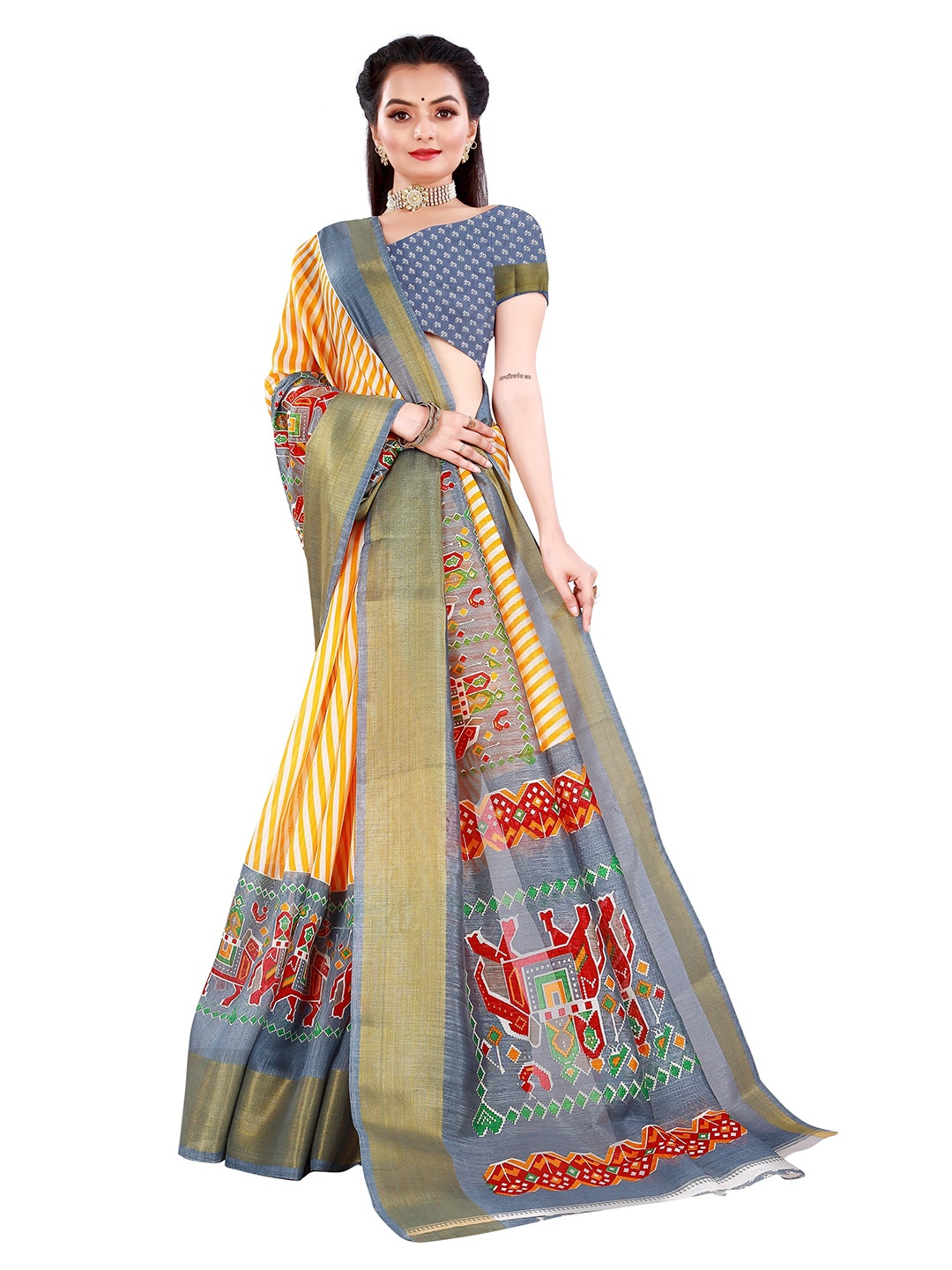 

Nimayaa Yellow & Red Ethnic Motifs Art Silk Saree
