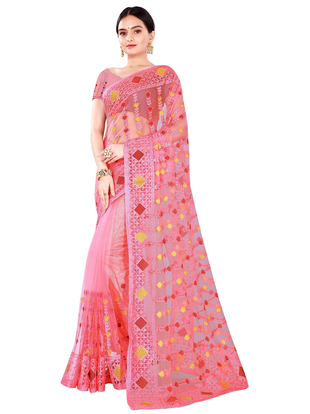 

Nimayaa Pink & Gold-Toned Floral Beads and Stones Embroidered Net Saree