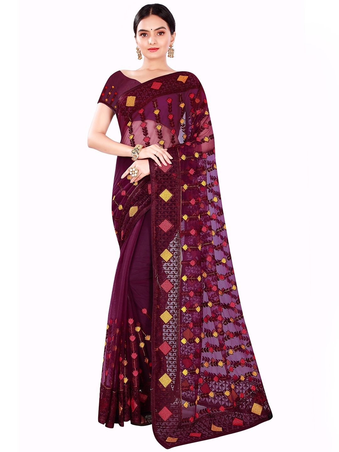 

Nimayaa Purple & Yellow Embroidered Net Saree