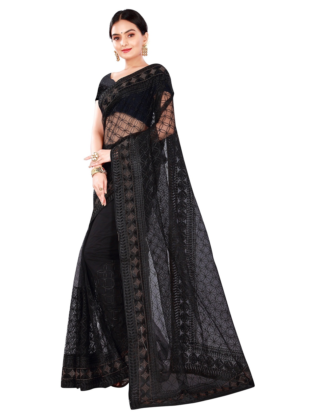 

Nimayaa Black & Gold-Toned Floral Beads and Stones Embroidered Net Saree