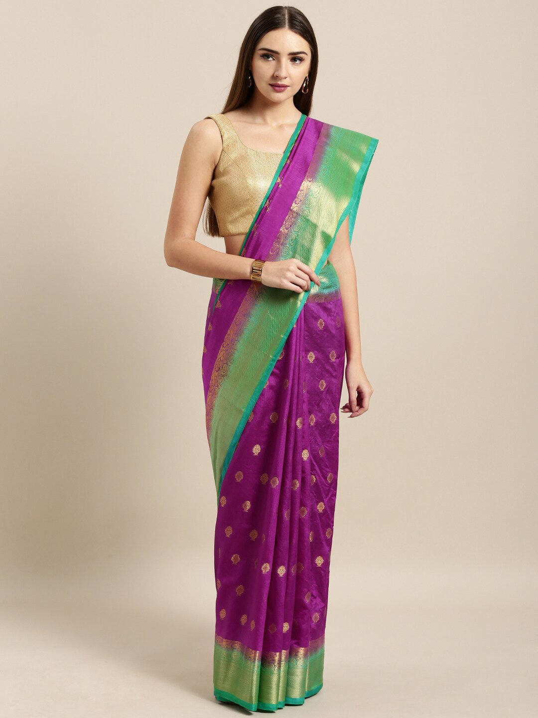 

Nimayaa Pink & Green Ethnic Motifs Zari Pure Silk Banarasi Saree