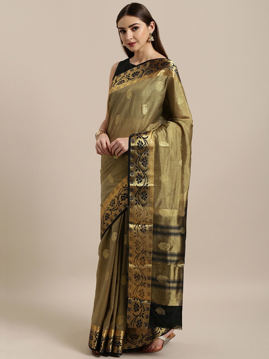 

Nimayaa Taupe & Black Ethnic Motifs Zari Pure Silk Banarasi Saree