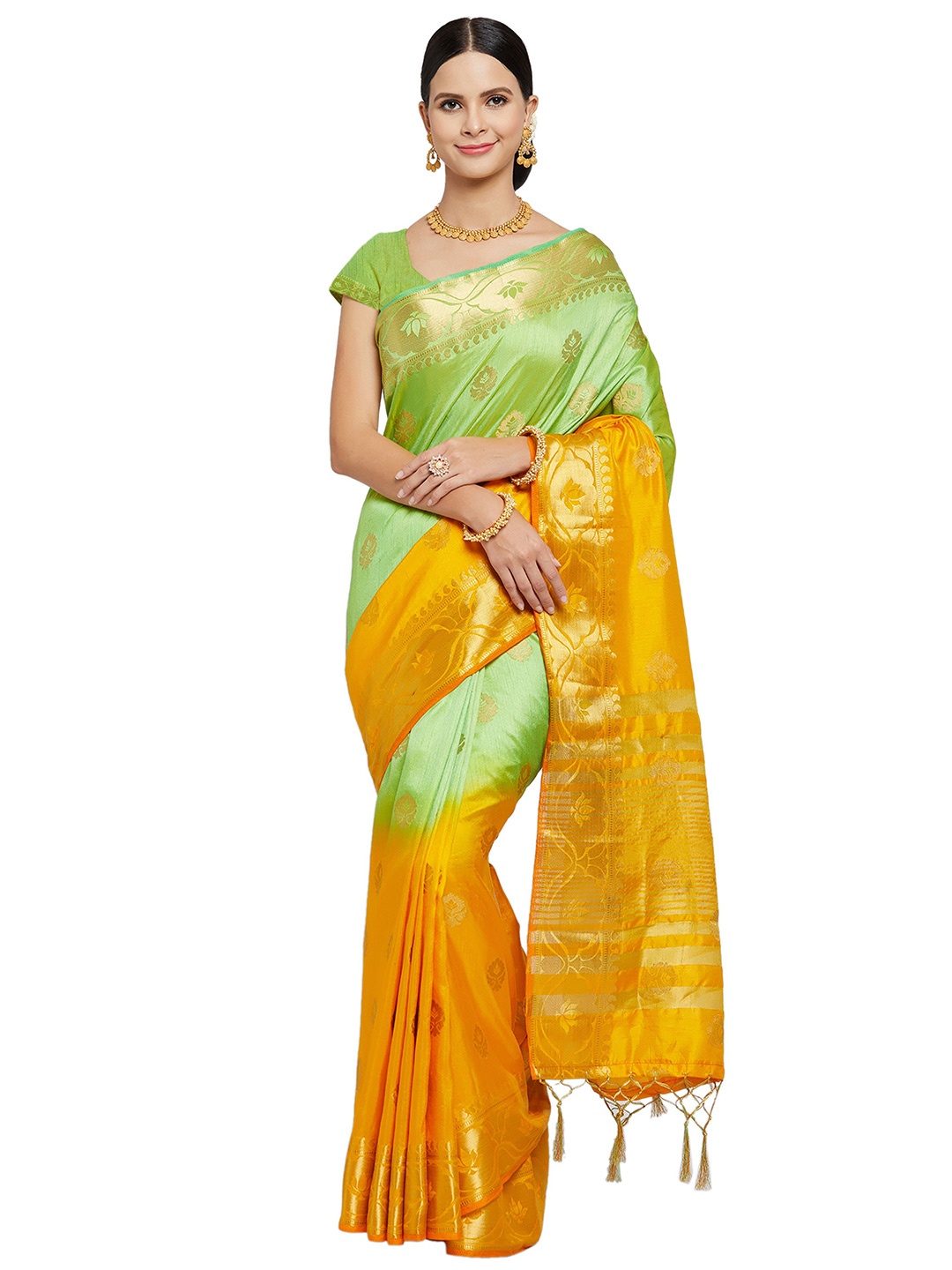 

Nimayaa Mustard Yellow & Green Ethnic Motifs Zari Pure Silk Banarasi Saree