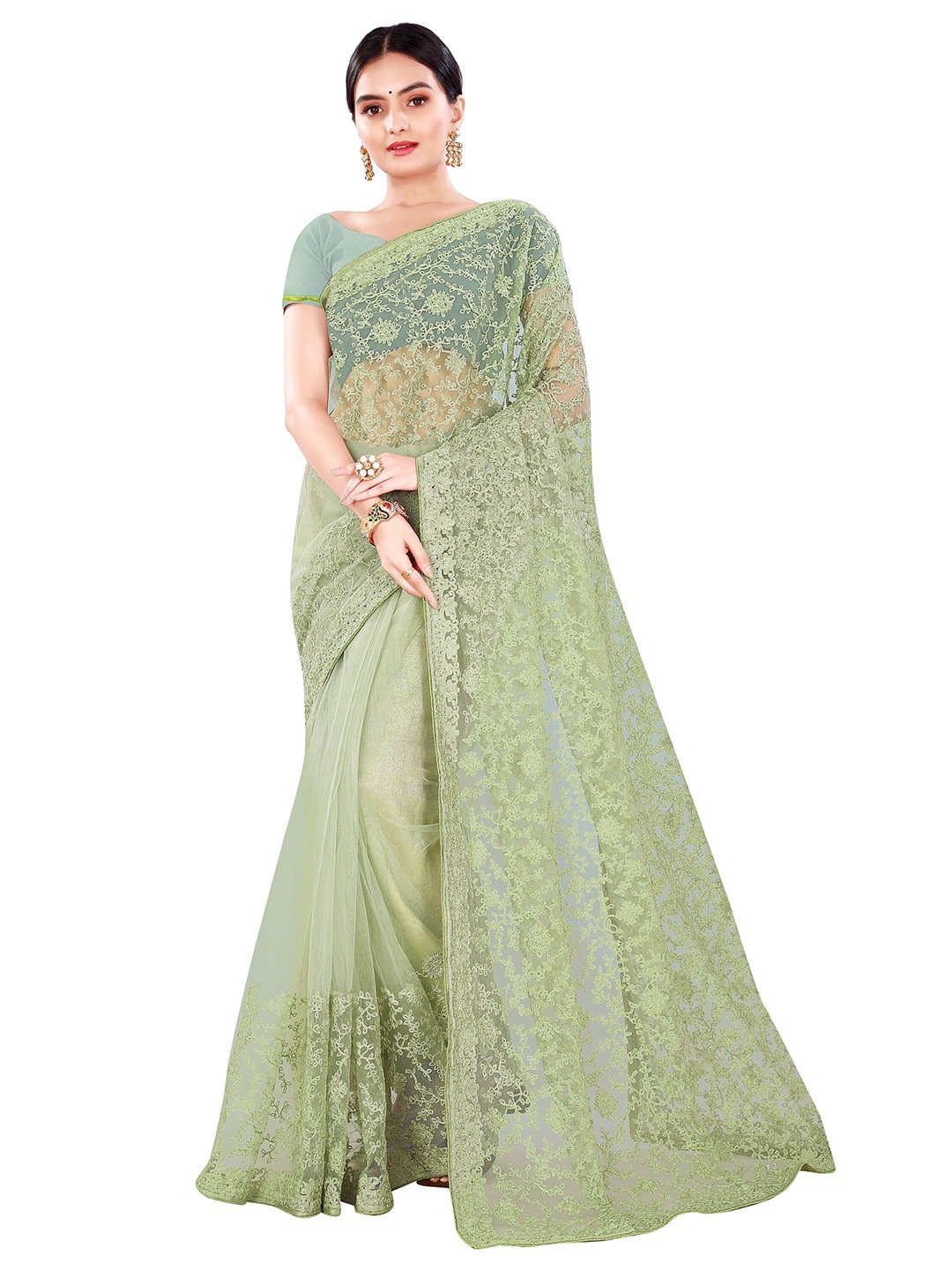 

Nimayaa Green Floral Embroidered Net Heavy Work Saree