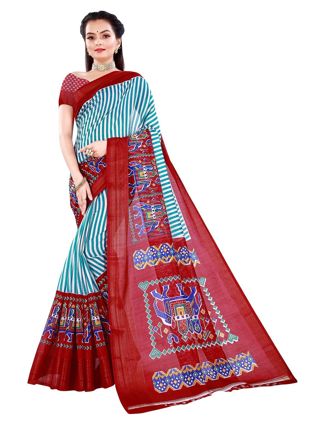 

Nimayaa Blue & Red Striped Art Silk Patola Saree