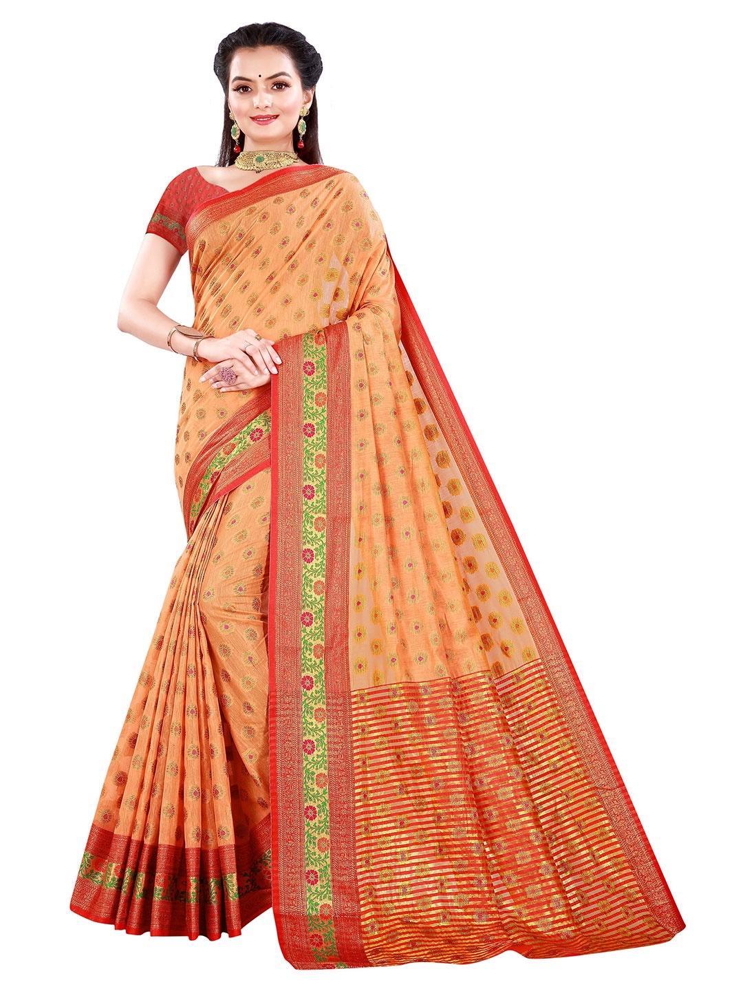 

Nimayaa Peach-Coloured & Grey Floral Woven Design Zari Saree