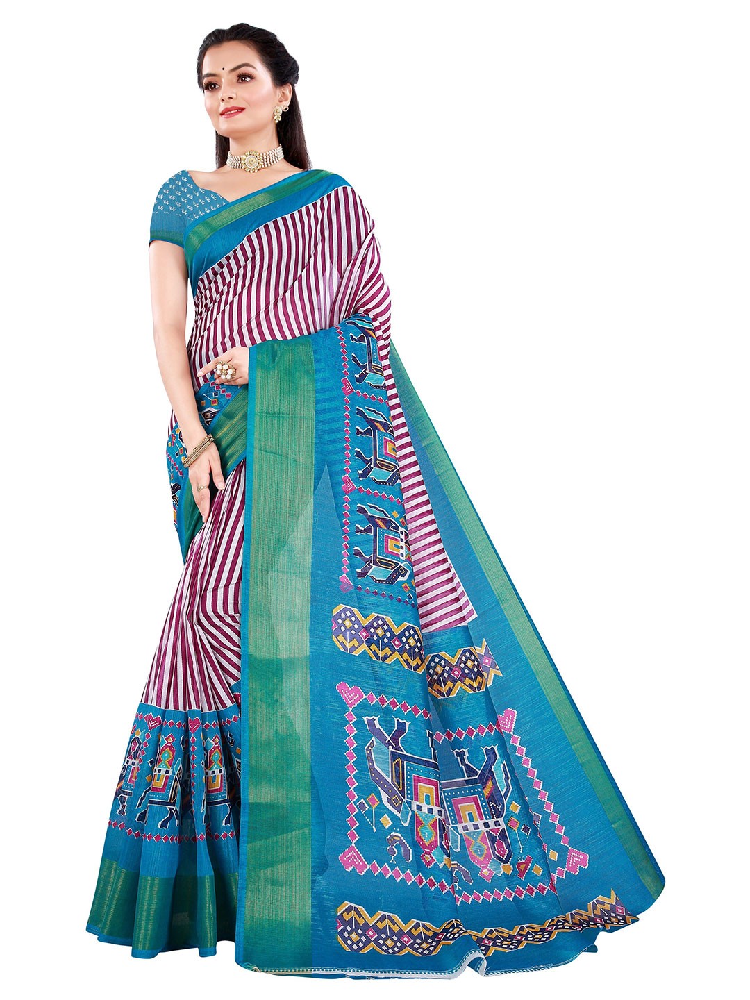 

Nimayaa Pink & Blue Striped Art Silk Saree