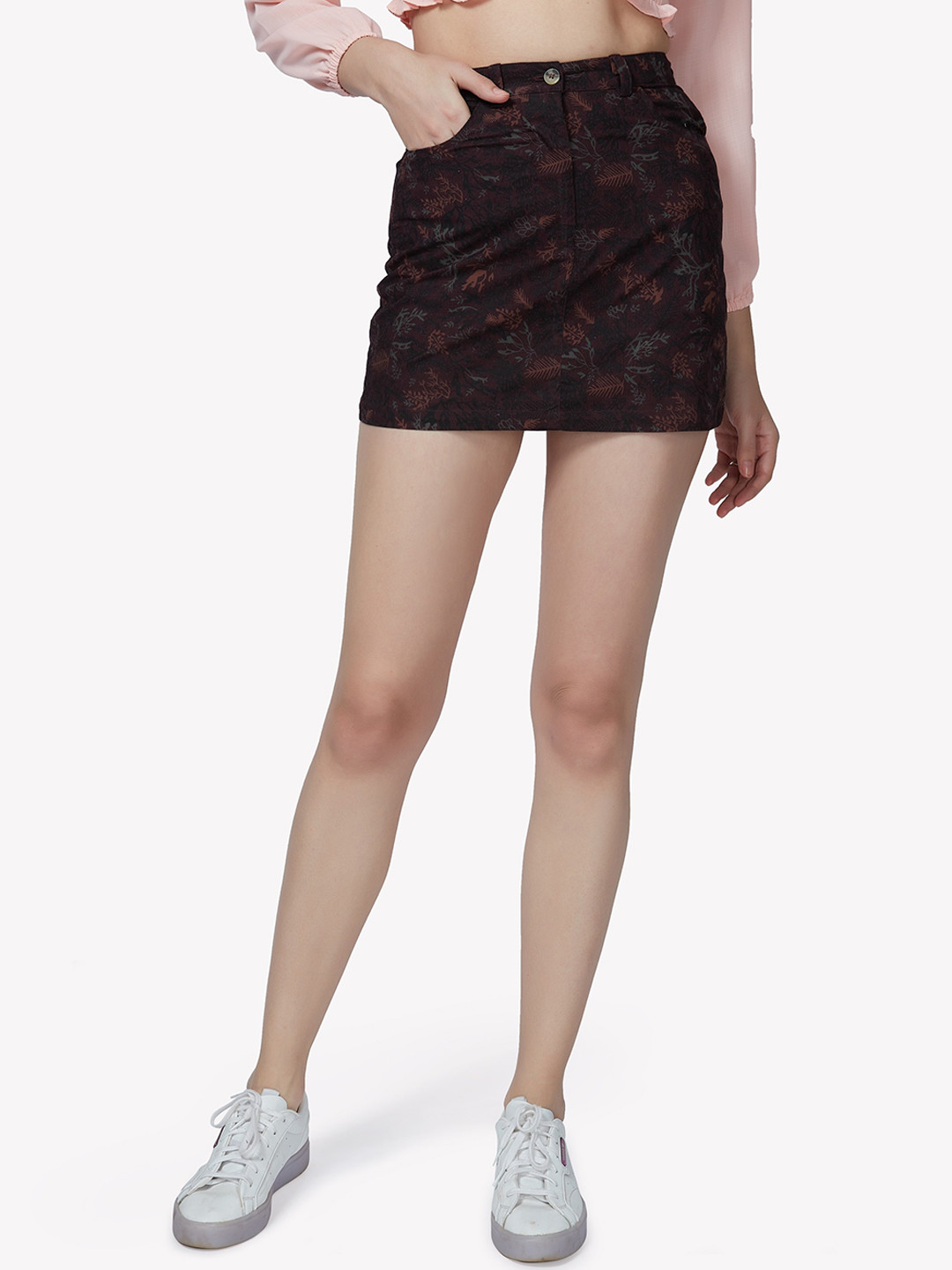 

VASTRADO Women Black & Brown Floral Printed Mini Corduroy Skirt