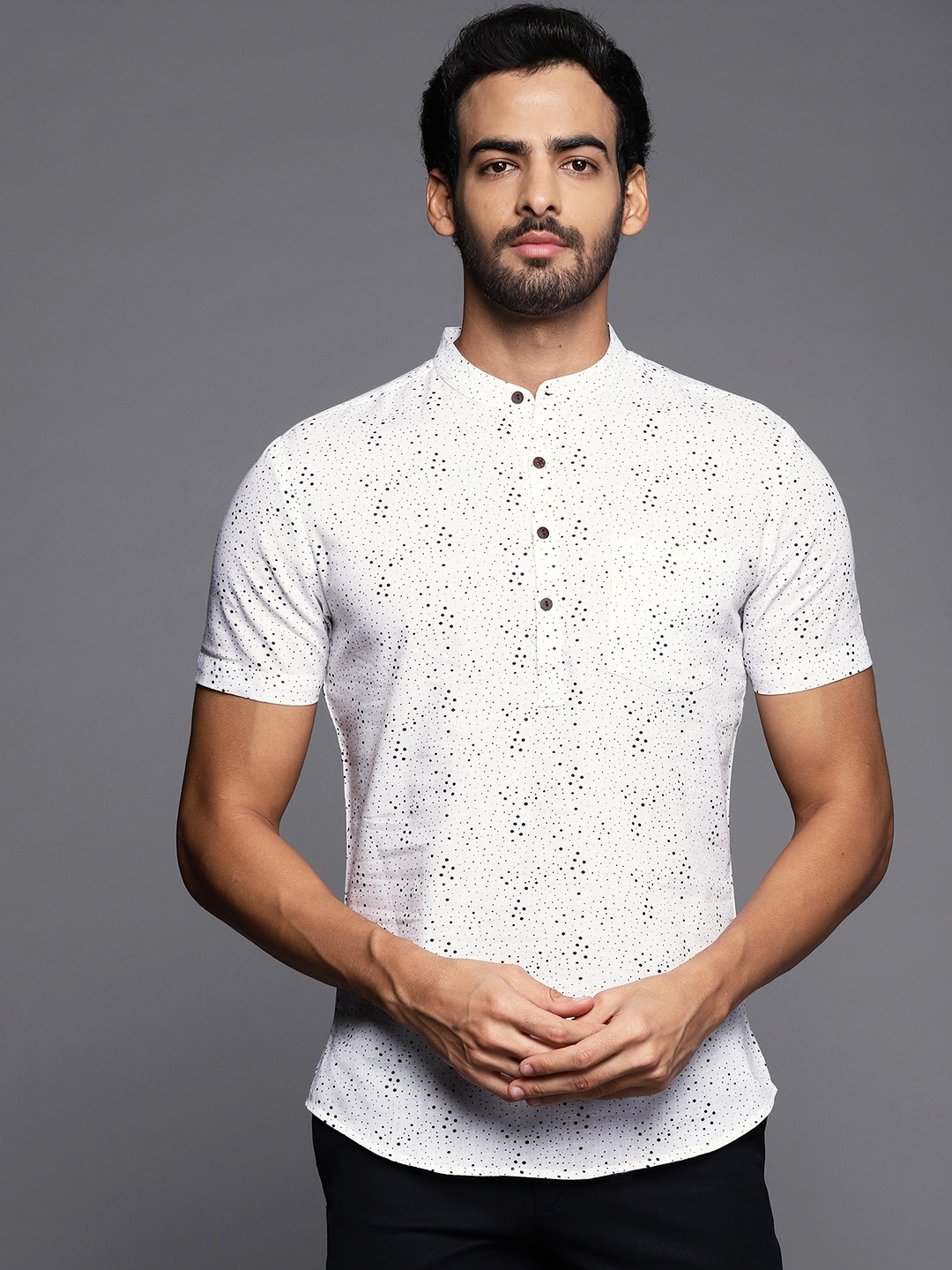 

Indo Era Men White & Navy Blue Polka Dot Print Liva Kurta