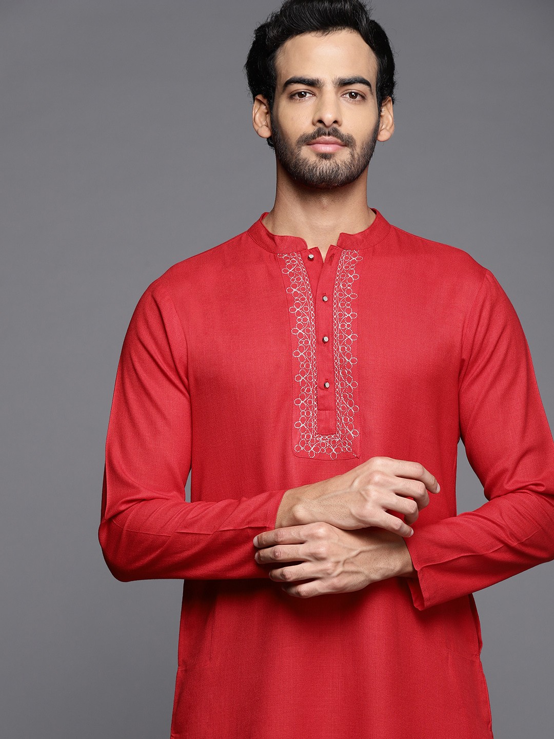 

Indo Era Men Red Yoke Design Thread Work Cotton Kurta