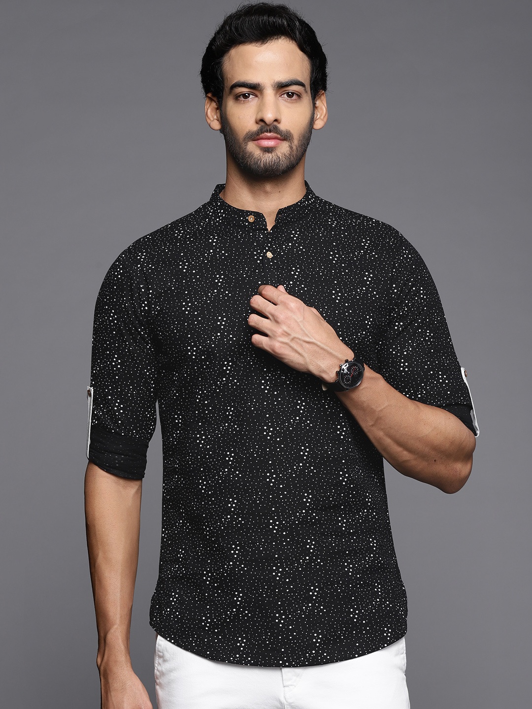 

Indo Era Men Black & White Pure Cotton Polka Dot Printd Kurta