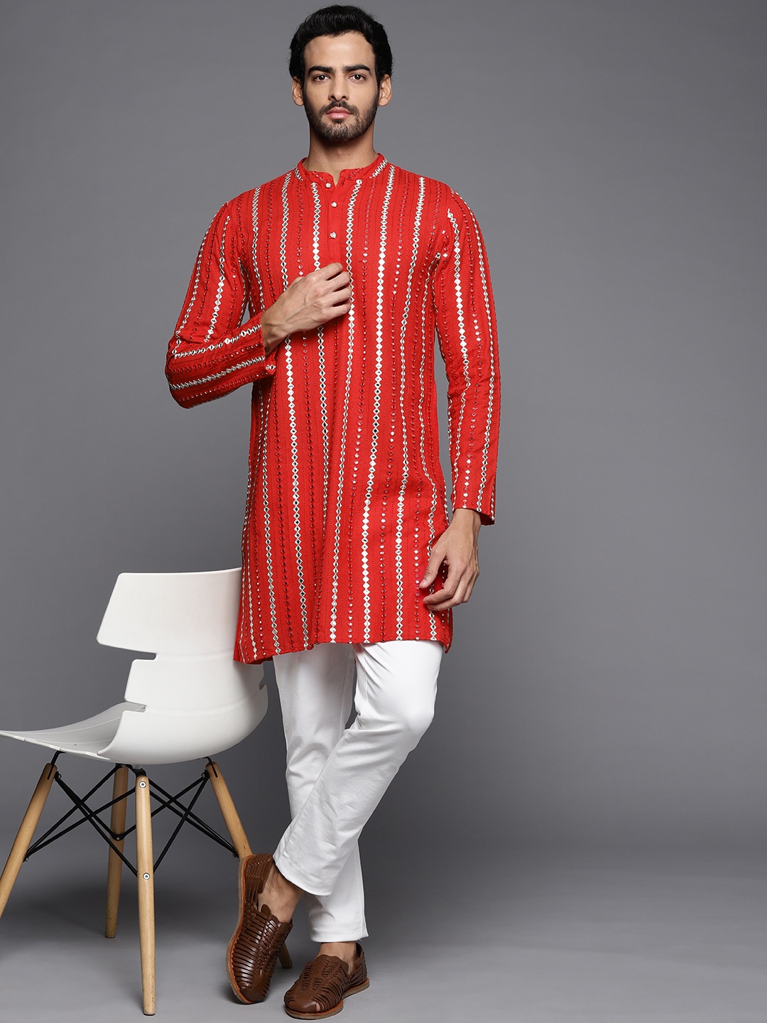 

Indo Era Men Red Mirror Work Kurta