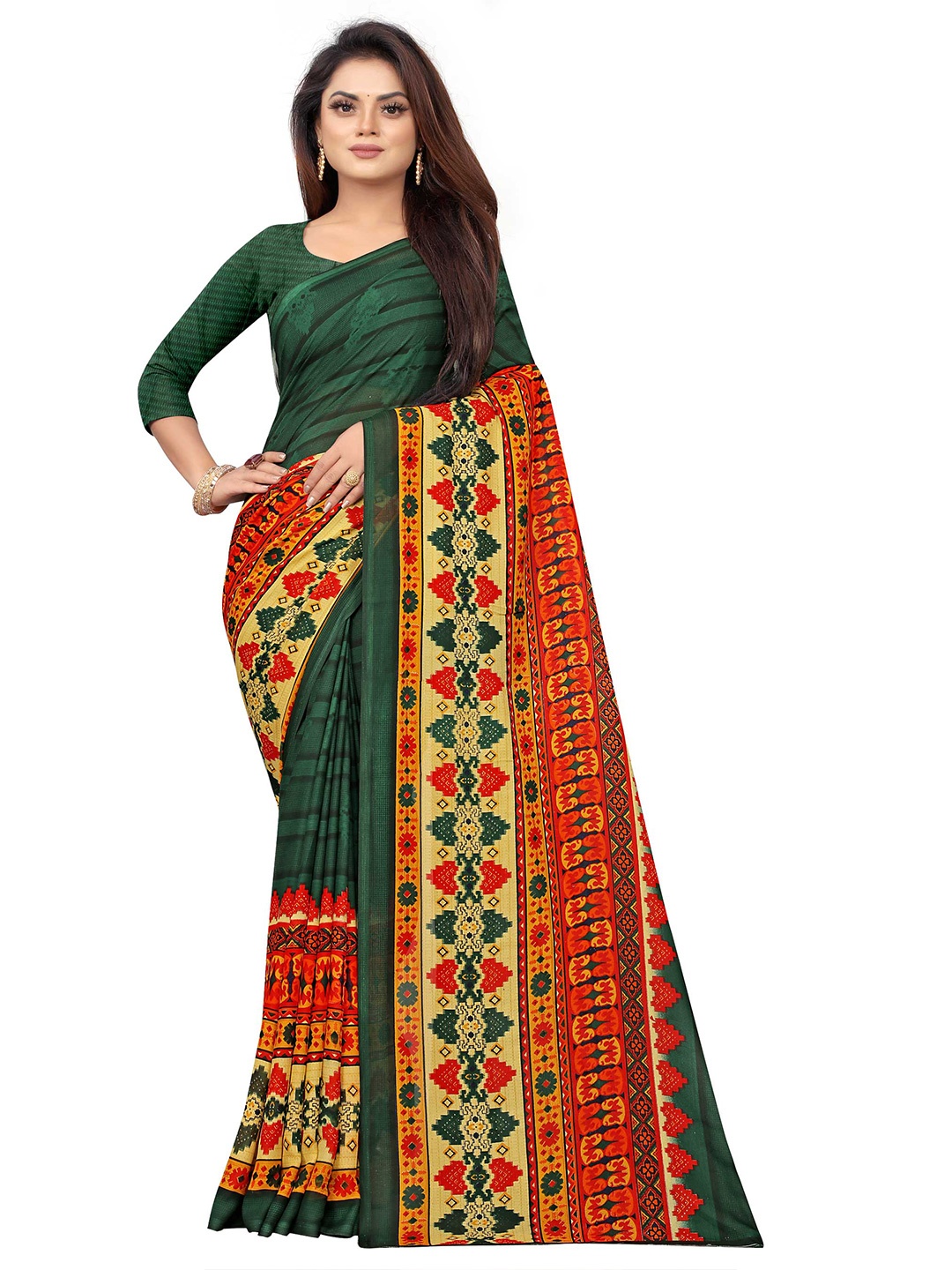 

Zombom Green & Orange Ethnic Motifs Block Print Saree