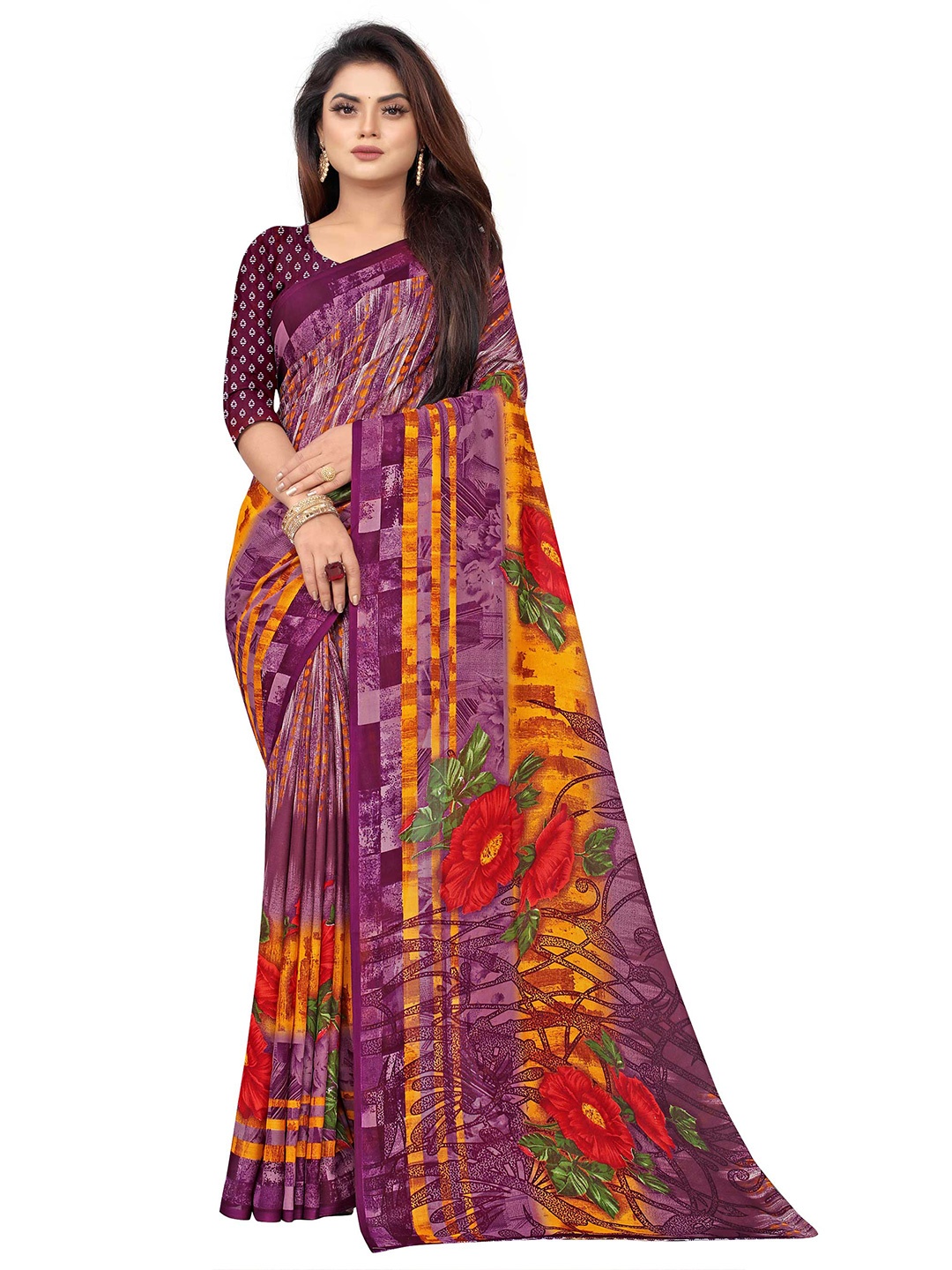 

Zombom Purple Set of 2 Floral Block Printed Georgette Saree
