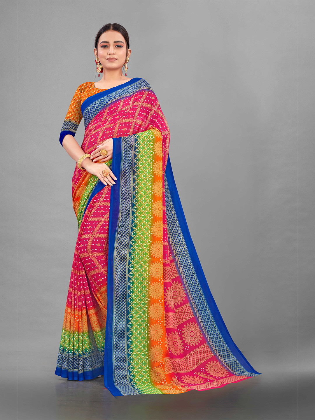 

Zombom Pink & Blue Ethnic Motifs Block Printed Saree