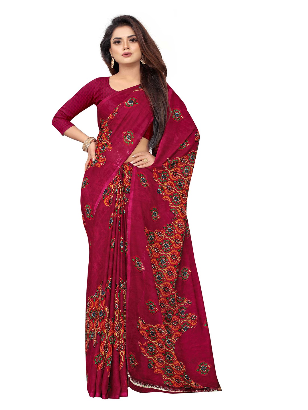 

Zombom Maroon Floral Block Print Saree