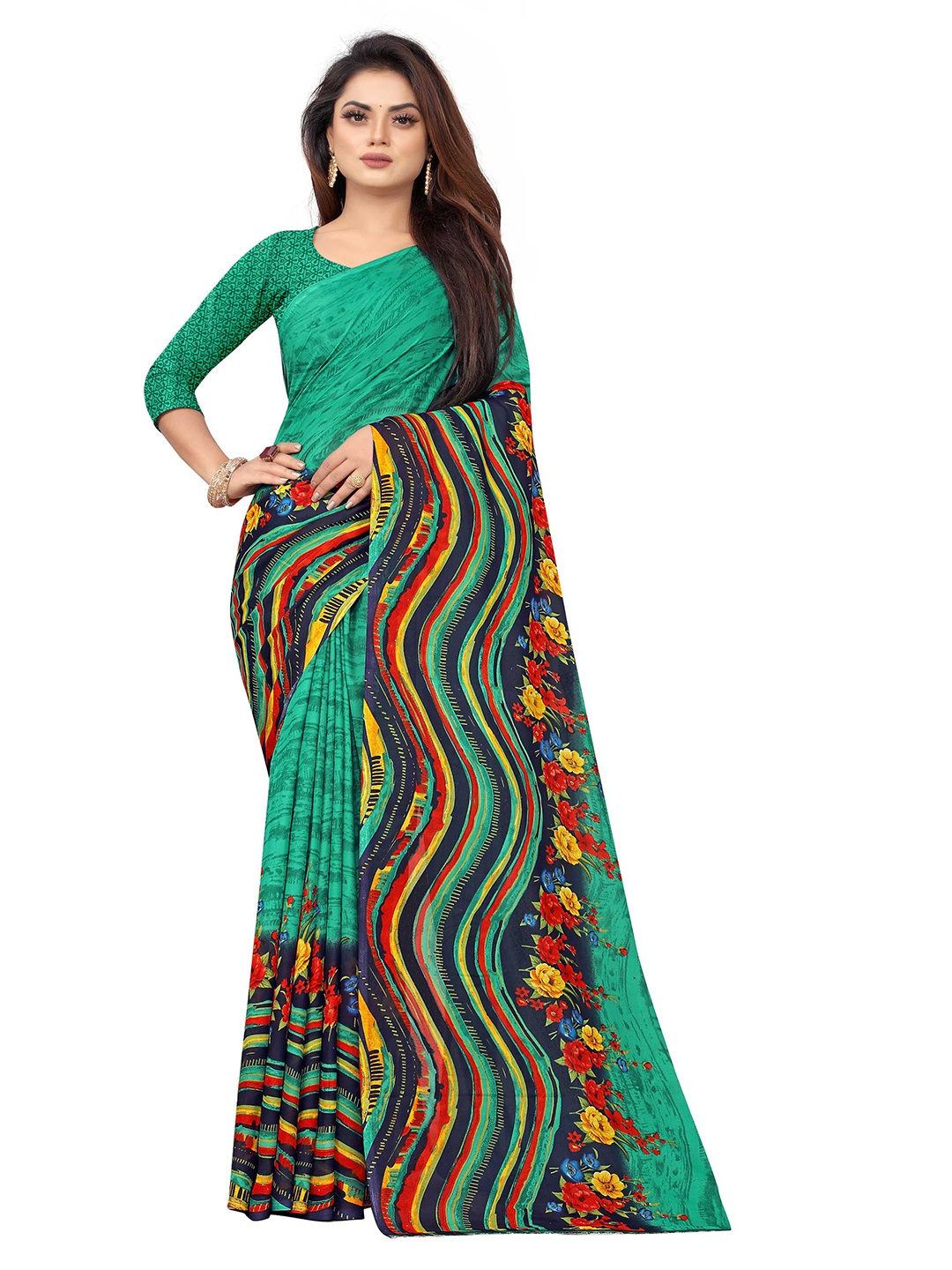 

Zombom Green Floral Block Print Saree