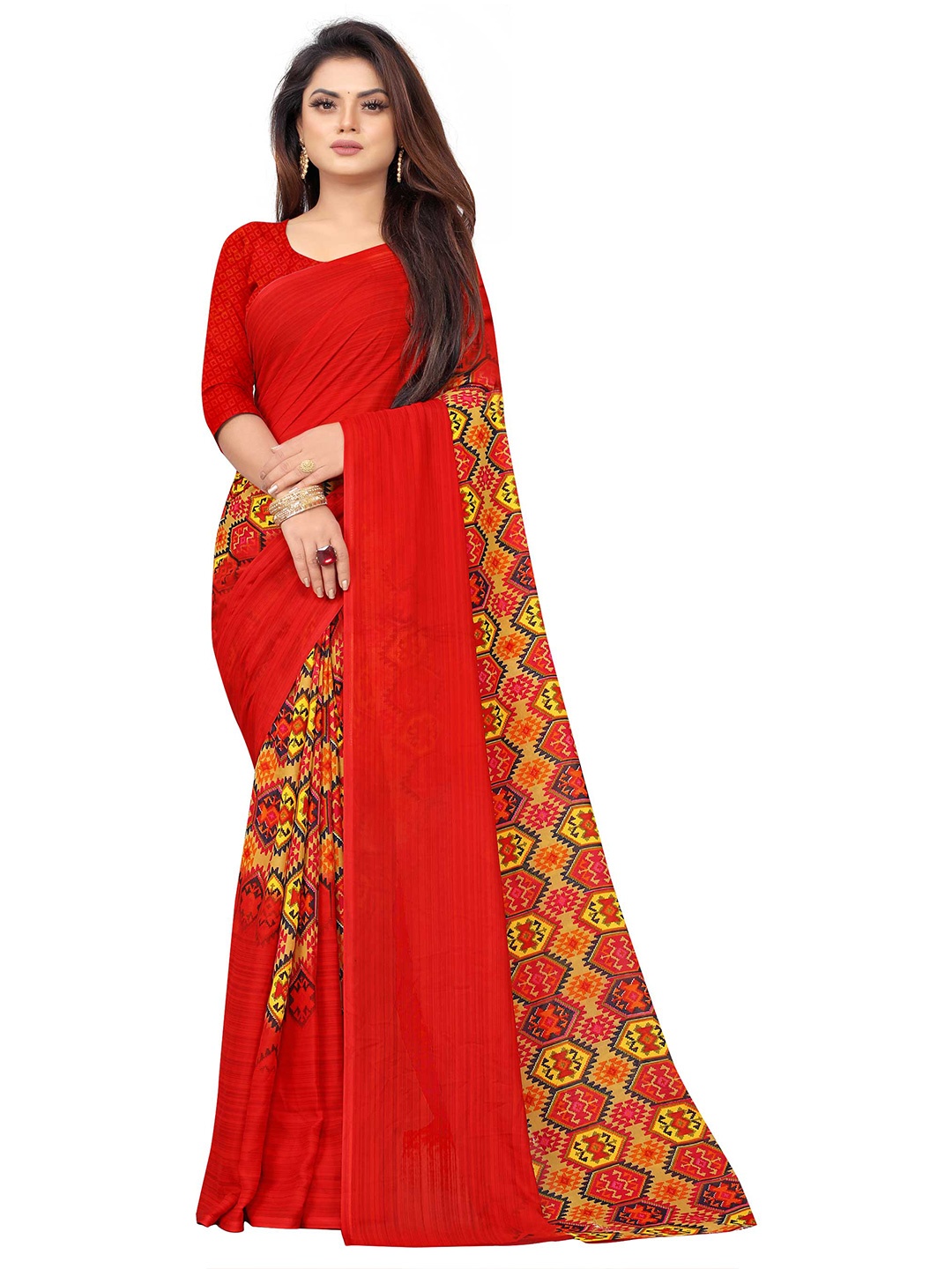 

Zombom Red Ethnic Motifs Block Print Saree