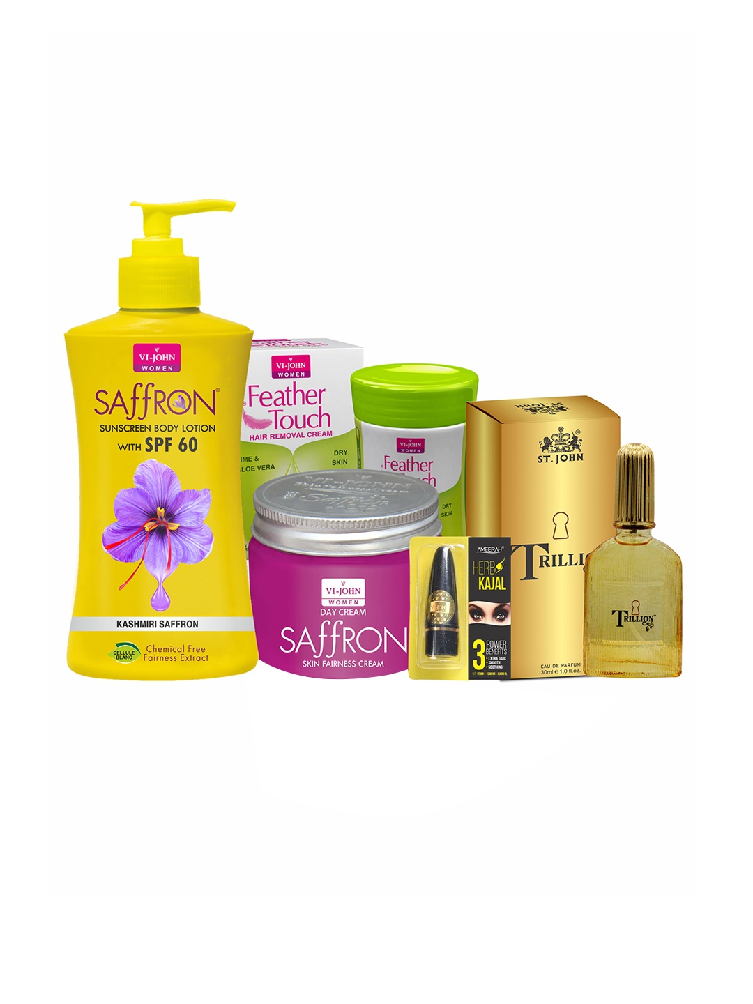 

VI-JOHN Set of 5 Hair Remover Aloevera, Day Cream, Sunscreen Lotion 250 ml, Trillion Perfume 30ml & Kajal, Multi