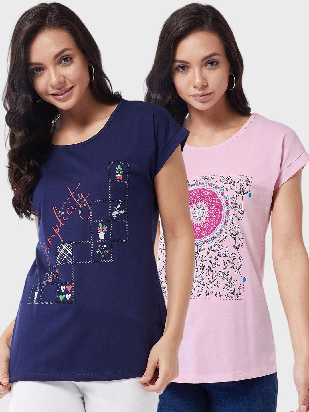 

Modeve Women Navy Blue & Pink Floral 2 Printed Cotton T-shirts