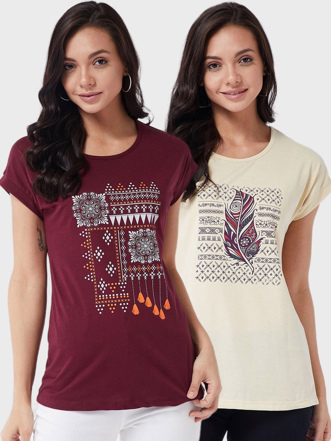 

Modeve Women Brown & Cream-Coloured 2 Printed Cotton T-shirts