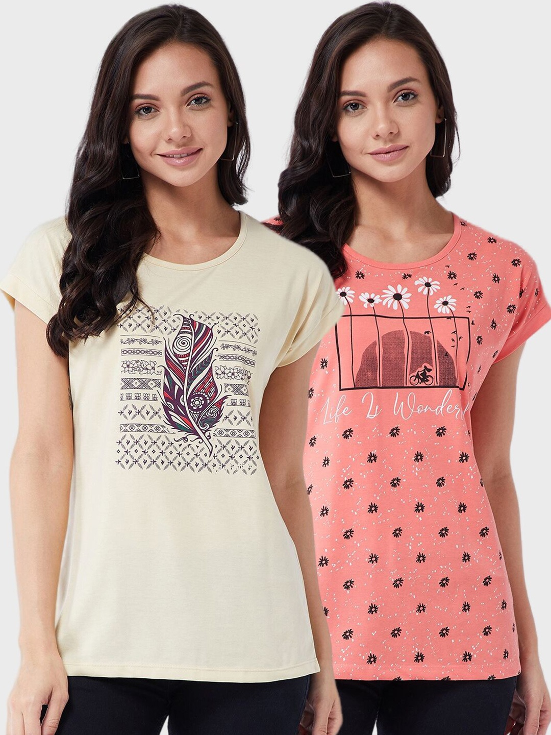 

Modeve Women Cream-Coloured & Pink 2 Printed Cotton T-shirts
