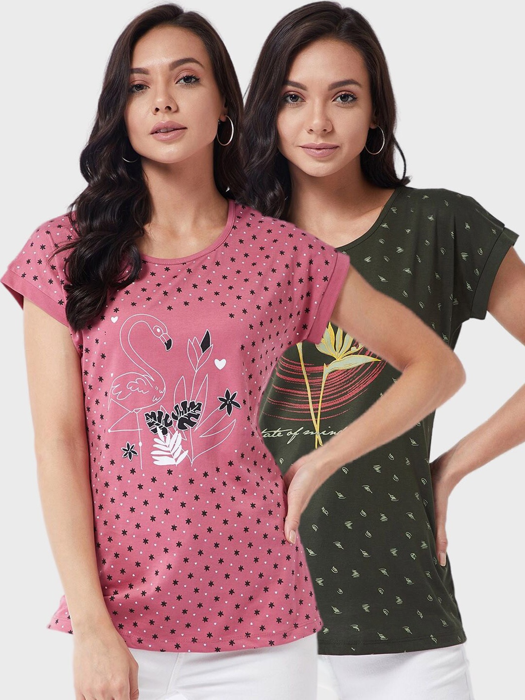 

Modeve Women Pink & Olive Green 2 Printed Cotton T-shirts