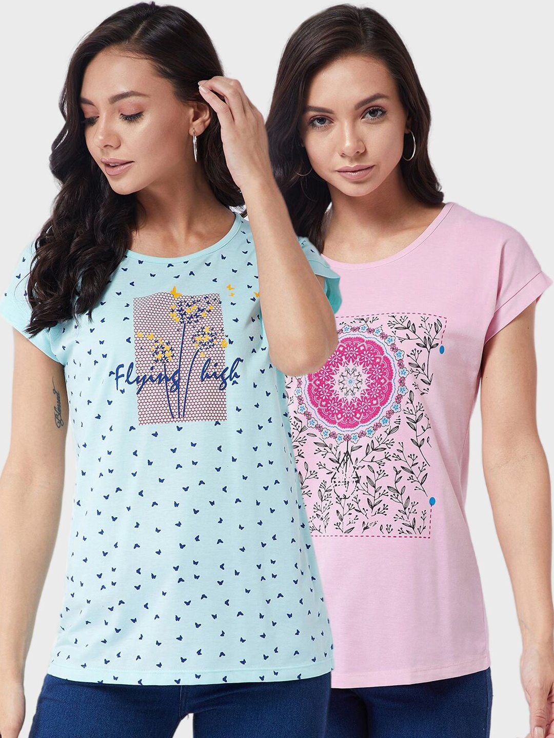 

Modeve Women Blue & Pink Floral 2 Printed Cotton T-shirts