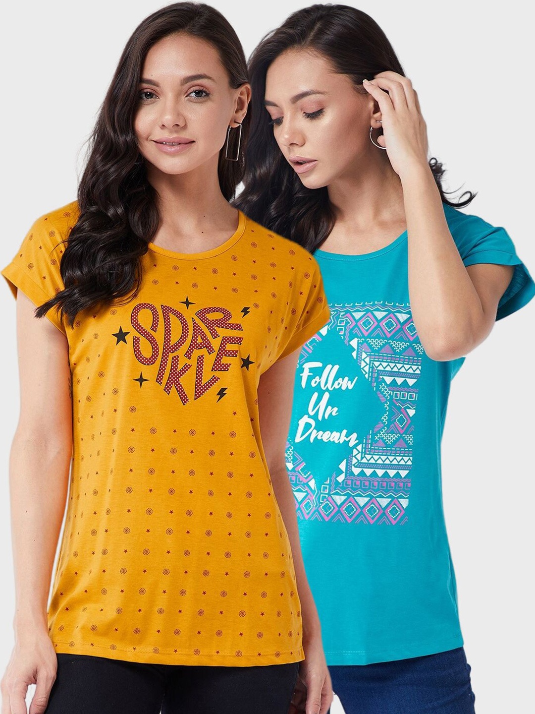 

Modeve Women Yellow & Blue Typography 2 Printed Cotton T-shirts