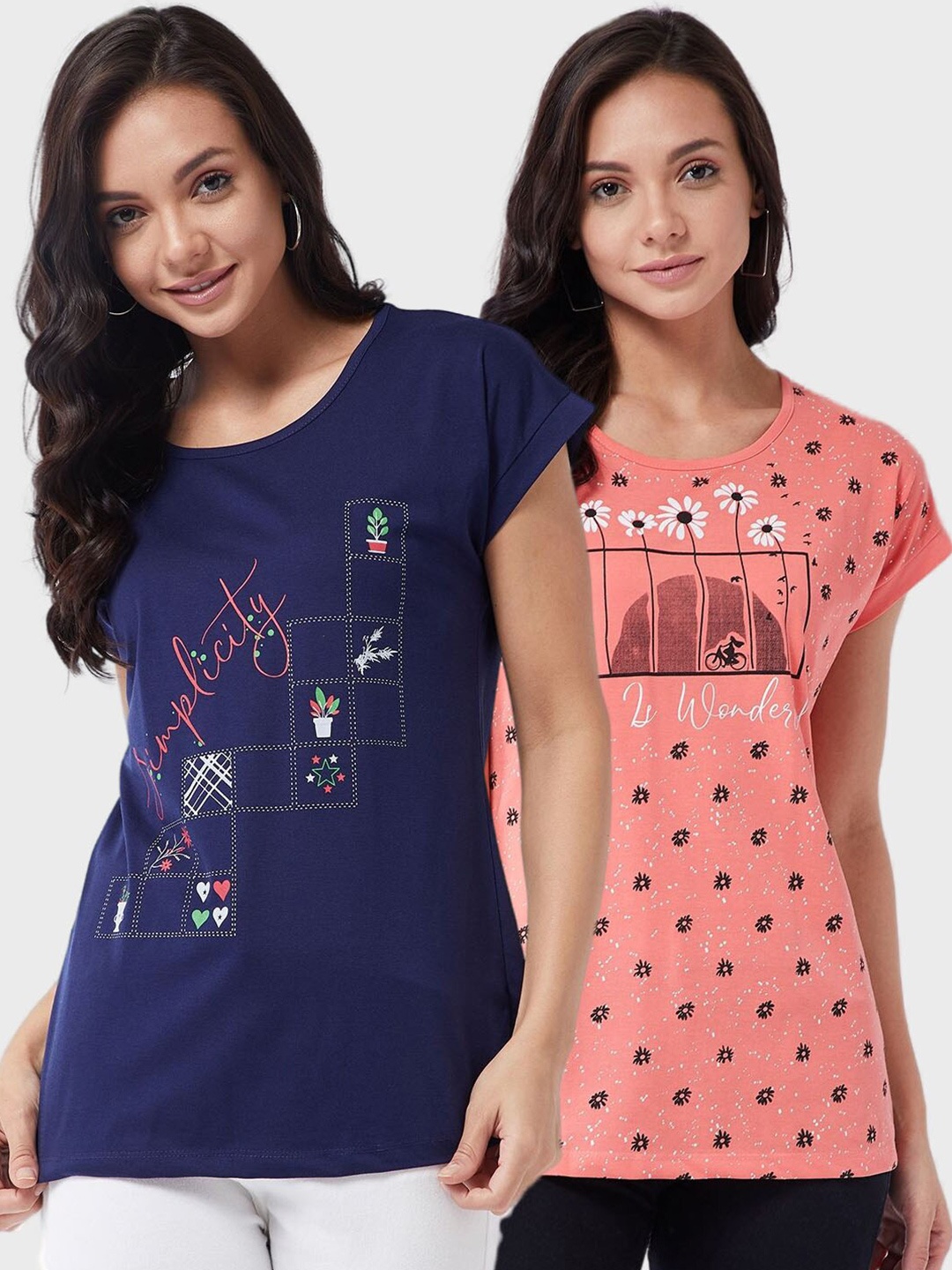 

Modeve Women Navy Blue & Pink 2 Printed Cotton T-shirts