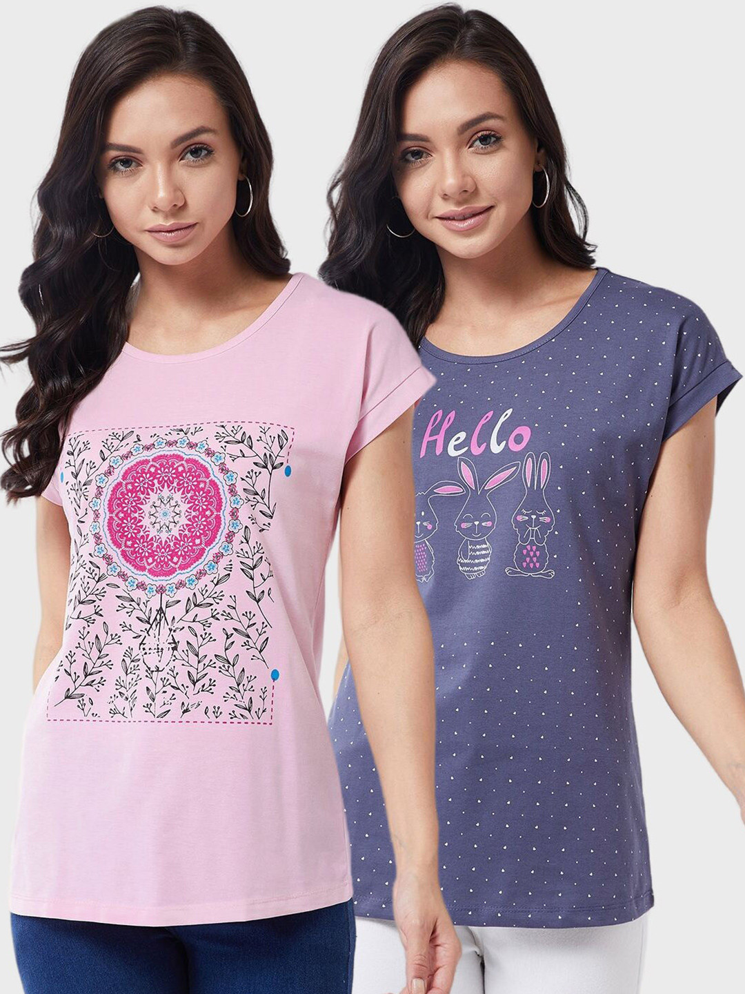 

Modeve Women Pink & Blue Floral 2 Printed Cotton T-shirts