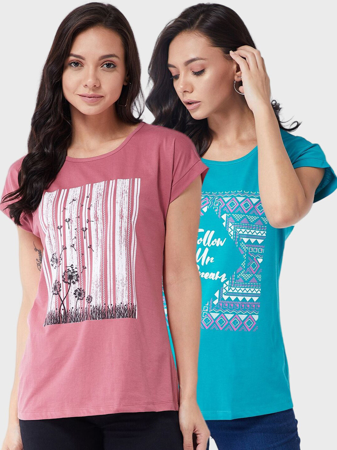 

Modeve Women Mauve & Blue Typography 2 Printed Cotton T-shirts