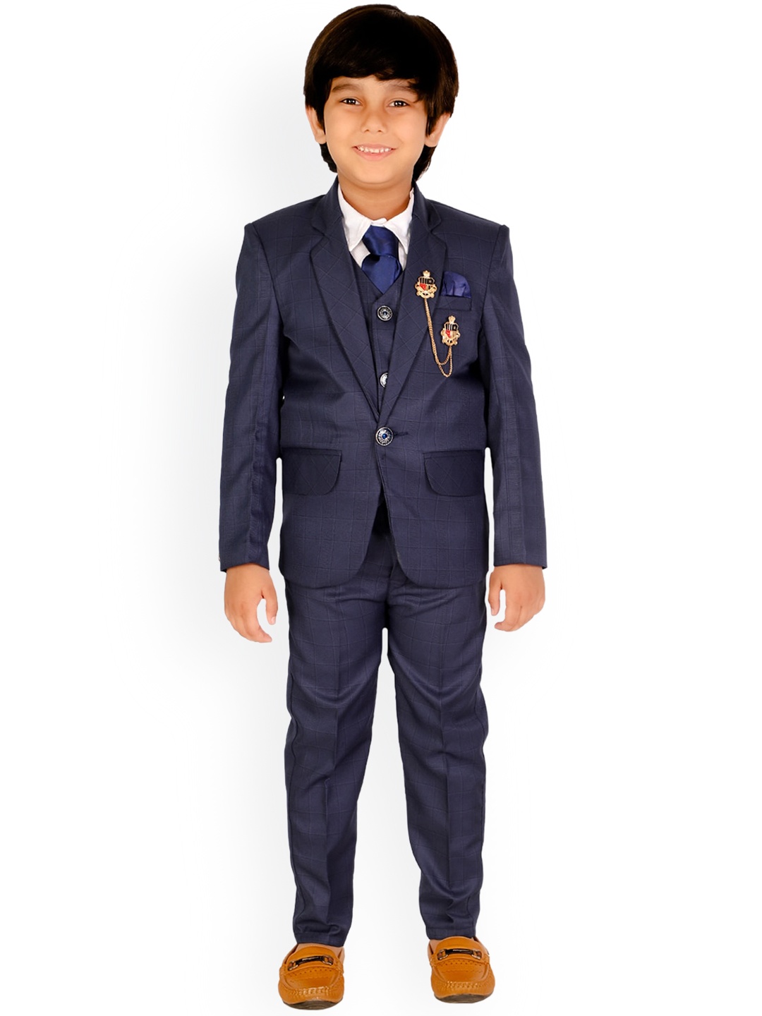 

DKGF FASHION Boys Navy Blue Checked Single-Breasted Five-Piece Suit