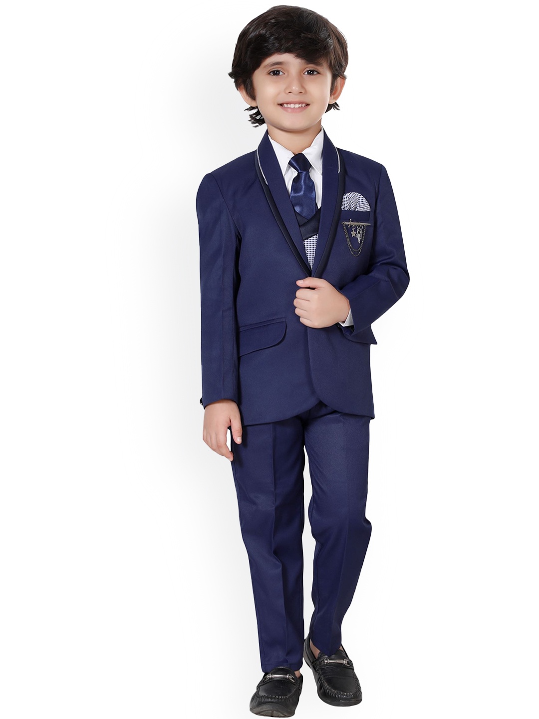 

DKGF FASHION Boys Navy Blue Solid Single Breasted 5 Piece Suit