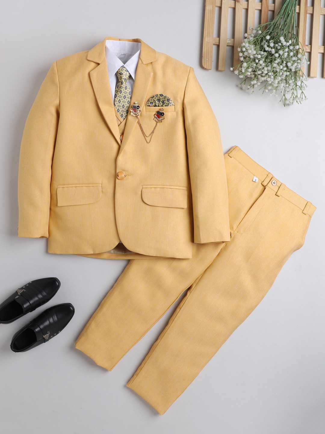 

DKGF FASHION Boys Yellow Regular-Fit 5-Piece Suit